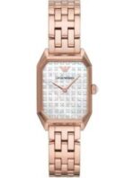 BRAND Emporio Armani ANALOGUE/DIGITAL Analogue CASE DEPTH APPROX. 6.00mm PRIMARY MATERIAL Stainless Steel CASE SHAPE Rectangle CASE WIDTH APPROX. 24.00mm CLASP TYPE Butterfly DIAL COLOUR White mother of pearl MULTIPLE TIME ZONES DISPLAY None GENDER Ladies GLASS Mineral MOVEMENT SOURCE Japan MOVEMENT Quartz STRAP COLOUR Rose Gold