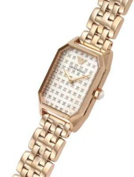 BRAND Emporio Armani ANALOGUE/DIGITAL Analogue CASE DEPTH APPROX. 6.00mm PRIMARY MATERIAL Stainless Steel CASE SHAPE Rectangle CASE WIDTH APPROX. 24.00mm CLASP TYPE Butterfly DIAL COLOUR White mother of pearl MULTIPLE TIME ZONES DISPLAY None GENDER Ladies GLASS Mineral MOVEMENT SOURCE Japan MOVEMENT Quartz STRAP COLOUR Rose Gold