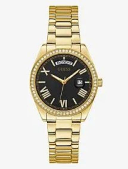 Product: GW0307L2 Dial Finish: Sunray Case Material: Stainless Steel Band Color: Gold Tone Buckle/Clasp: Pilot Buckle Case Color: Gold Tone Case Size: 36mm Dial Color: Black Watch Movement: Day/Date